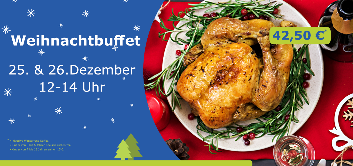Einladung zum Weihnachtsessen für Groß und Klein im Akademiehotel am 25. und 26. Dezember von 12–14 Uhr. Festlich gedeckter Tisch mit Speisen und Getränken, organisiert von TSA Bildung und Soziales gGmbH